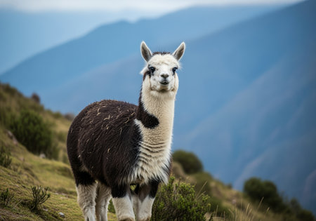 Fluffy black and white alpaca standing confidently on a steep, grassy mountain slope. high altitude landscape view in the andes mountains of south america.の素材