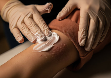 Gloved hands applying thick white cream to treat a severe skin rash or dermatitis on a patient arm. focus on allergy, medical treatment, and skin care concept.の素材