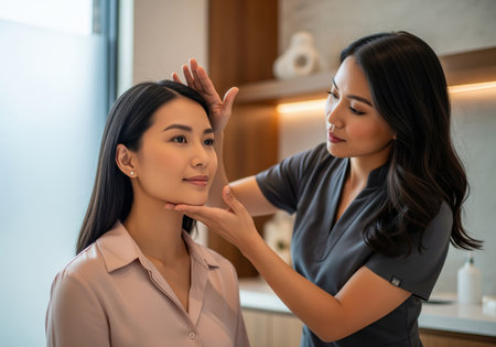 Professional aesthetician examining the face and jawline of an asian female client during a consultation at a modern dermatology clinic. focus on beauty and skincare.の素材