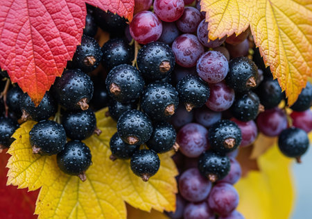 Black currant and purple grape clusters covered in fresh water droplets, nestled among vibrant red and yellow autumn leaves. close up of ripe, healthy, organic harvest fruit.の素材