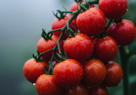 Bright red cherry tomatoes covered in fresh water droplets clustered tightly on the green vine. focus on organic produce, freshness, and harvest.の素材