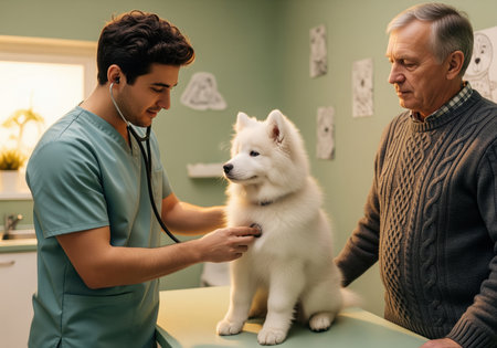 Young male veterinarian in scrubs checking a fluffy white samoyed puppy on an examination table using a stethoscope. a senior male owner stands nearby, observing the pet checkup in the clinic.の素材