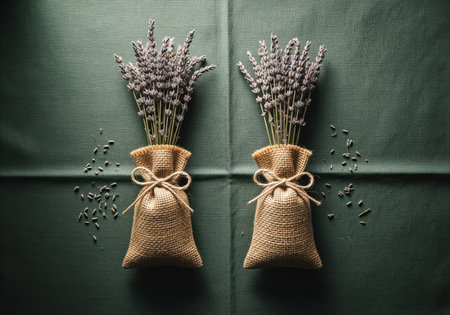 Two symmetrical burlap sachets containing dried lavender bundles, tied with twine, resting on a textured sage green fabric. concept of aromatherapy, relaxation, and natural home fragrance.の素材