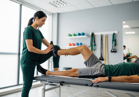 Female physiotherapist performing a passive hamstring stretch on a male client during a physical therapy session focused on recovery and rehabilitation.の素材