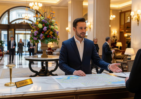 Male concierge in a suit standing behind a marble reception desk, pointing at a map to assist a hotel guest in a grand, luxurious lobby. high end hospitality and travel service concept.の素材