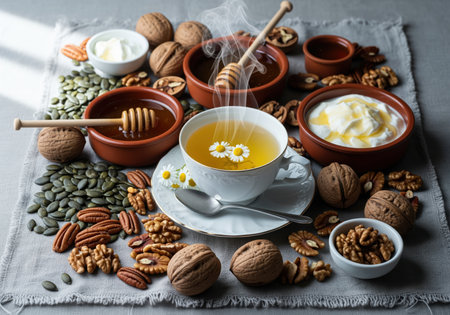 Steaming cup of chamomile tea surrounded by bowls of raw honey and creamy yogurt drizzled with honey. assortment of walnuts, pecans, and pumpkin seeds scattered on a rustic linen cloth. focus on natural health and nutrition.の素材