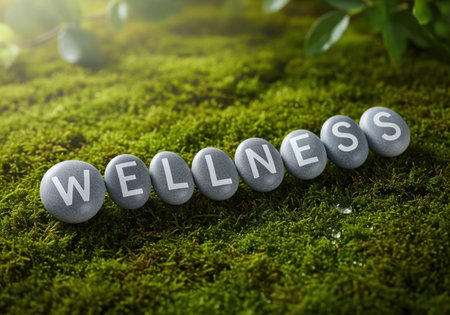 Smooth grey river stones spelling the word WELLNESS arranged horizontally on a vibrant green mossy forest floor, symbolizing health, nature, and tranquility.の素材