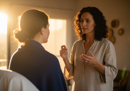 Two professional women engaged in a focused discussion indoors, backlit by warm sunlight streaming through a window. communication, therapy, and advice concept.の素材