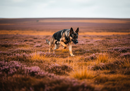 German shepherd dog trotting through a vast, wild moorland landscape covered in blooming purple heather and dry orange grass under a cloudy sky.の素材