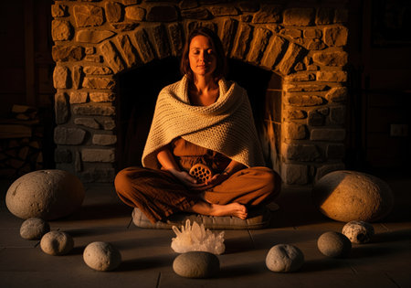 Woman meditating in a cozy, dimly lit room near a rustic stone fireplace. she is surrounded by natural stones and a large quartz crystal, symbolizing healing and spiritual wellness.の素材