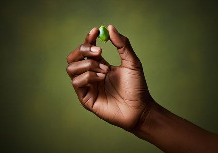 Dark skinned hand holding a small, vibrant green seed between the thumb and index finger. studio shot against a deep green background, emphasizing nature, potential, and organic ingredients.の素材