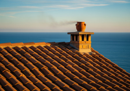 Traditional terracotta roof tiles and brick chimney stack topped with a decorative clay pot, emitting smoke. scenic view of the deep blue mediterranean sea and clear sky during golden hour.の素材