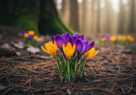Detailed macro view of vibrant purple and golden yellow crocus flowers emerging from the dark, damp forest ground covered in pine needles. symbolizes spring awakening and new life.の素材