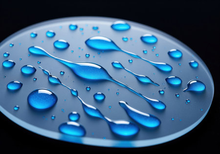Iridescent blue liquid droplets of varying sizes and shapes, including elongated streaks, resting on a smooth, translucent surface against a dark background. illustrates concepts of surface tension and hydrophobicity.の素材