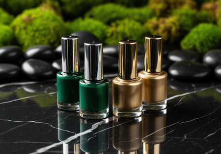 Four sleek bottles of deep emerald green and metallic gold nail polish standing on a reflective black marble surface. surrounded by smooth black spa stones and vibrant green moss, emphasizing luxury beauty and natural ingredients.の素材