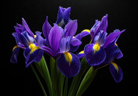 Deep purple and blue iris flowers featuring yellow markings and fresh water droplets. dramatic low key studio photography against a solid black background.の素材