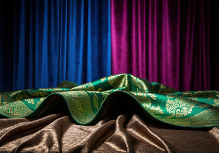 Rich green silk brocade fabric with gold pattern draped over shimmering bronze satin, set against contrasting blue and magenta velvet curtains. luxurious textile background.の素材