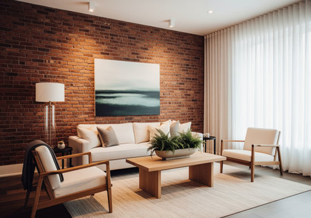 Contemporary living room interior featuring a warm, exposed red brick wall, light beige sofa, wooden coffee table, and modern armchairs. decorated with a large abstract painting, sheer curtains, and potted greenery, creating a cozy, stylish domestic space.の素材