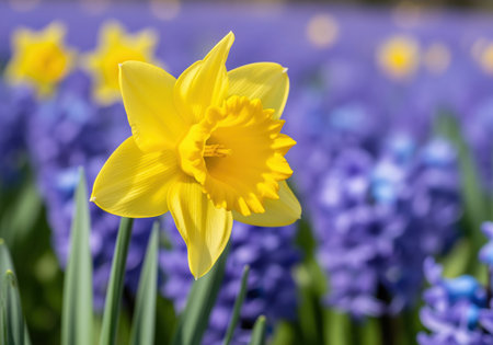 Bright yellow daffodil in full spring bloom, centered against a soft, defocused background of purple hyacinth flowers. captures the essence of nature and seasonal change.の素材