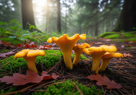 Luminous yellow chanterelle mushroom cluster growing on a bed of green moss and pine needles in a dark, foggy forest. sunlight filters through the trees.の素材