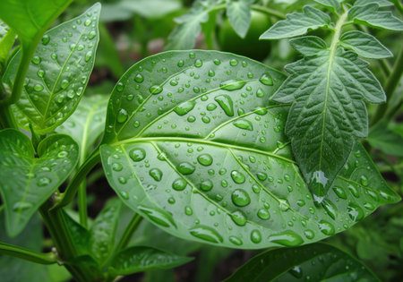 Vibrant green pepper plant leaf covered in numerous clear, glistening water droplets. the macro shot highlights the fresh texture and natural moisture of the garden foliage, symbolizing growth and purity.の素材
