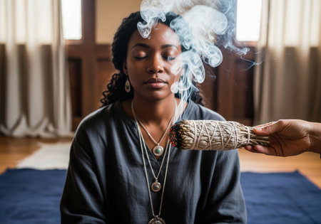 African woman with eyes closed meditating during a spiritual smudging ritual. burning white sage bundle held by a hand releases cleansing smoke for purification and wellness.の素材