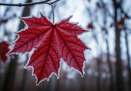 Deep red maple leaf covered in delicate white frost crystals, suspended from a branch. macro shot against a blurred, cold forest background, symbolizing the transition to winter.の素材