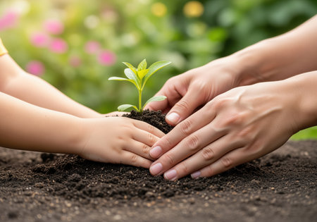 Adult and child hands planting a vibrant green seedling in dark soil. concept of growth, environmental protection, sustainability, and teaching the next generation.の素材