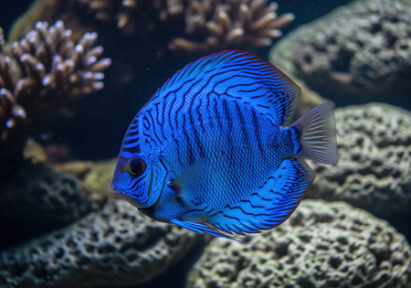 Vibrant electric blue discus fish swimming in a freshwater aquarium environment. detailed close up showing the distinctive striped pattern, surrounded by rocks and coral structures.の素材