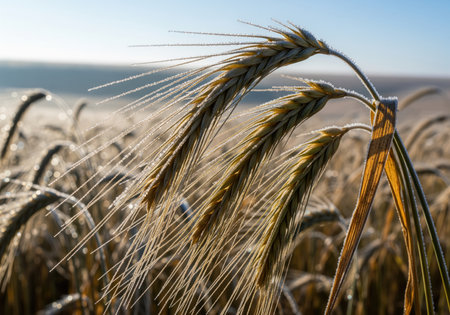 Golden wheat ears covered in delicate frost and ice crystals, backlit by the morning sun in a rural agricultural field. represents harvest, cold weather, and farming.の素材