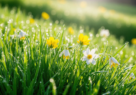 Lush green grass blades covered in sparkling morning dew drops, featuring delicate white and yellow wildflowers under bright sunlight and bokeh effect.の素材