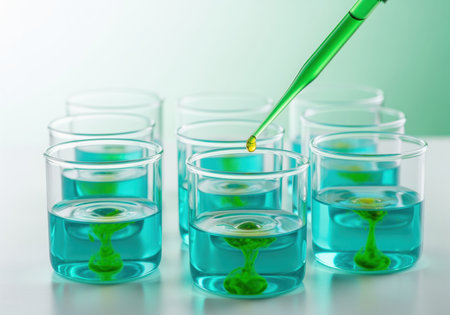 Precision drop of green chemical liquid from a pipette into multiple glass beakers containing a blue solution, illustrating a scientific experiment, research, and analysis.の素材