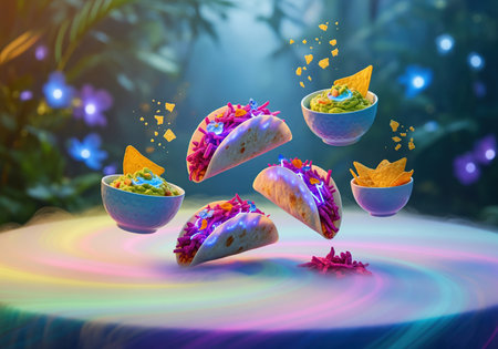 Floating tacos filled with vibrant purple and pink ingredients, accompanied by bowls of guacamole and tortilla chips. the surreal scene features neon lighting, glowing mist, and a dark, magical jungle background. perfect for food advertising or fantasy concepts.の素材