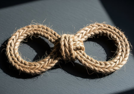 Natural jute rope intricately braided and tied into an infinity symbol knot, representing eternity and connection, resting on a dark gray surface with strong sunlight and shadows.の素材