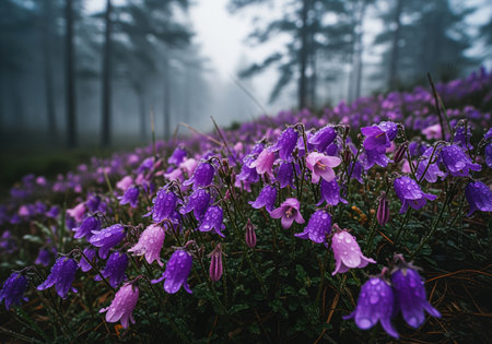 Vibrant purple and pink bellflowers covered in glistening raindrops thrive along the edge of a dense, misty forest, creating a moody natural scene.の素材