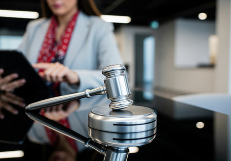 Sleek silver gavel resting on a highly reflective black surface, representing authority, judgment, and legal proceedings. a professional woman uses a digital tablet in the blurred background, indicating modern business or legal practice.の素材