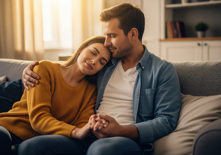 Loving couple embracing and holding hands while sitting comfortably on the couch in a sunlit living room. they share a tender moment of intimacy, comfort, and relaxation at home.の素材