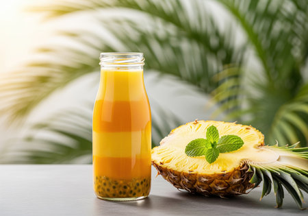 Layered tropical smoothie pineapple, passion fruit in a glass bottle next to a fresh pineapple half garnished with mint leaves. refreshing summer drink concept.の素材