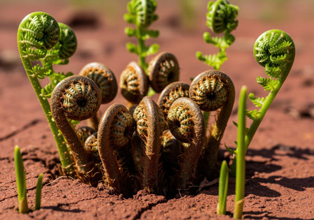 Coiled bronze fern fiddleheads pushing up through dry, cracked red clay soil, symbolizing growth, resilience, and new life in nature. macro detail capturing the texture and spiral shape of the emerging fronds.の素材