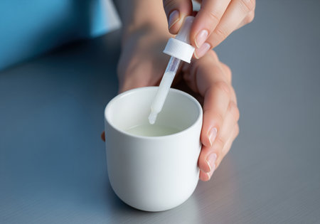 Female hand carefully dispensing liquid from a glass pipette dropper into a small white cup, illustrating precise dosage and health preparation.の素材