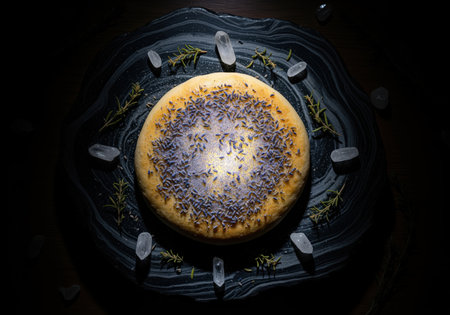Round lavender flatbread dusted with edible glitter, centered on a dark, swirling stone slab, surrounded by clear quartz crystals and fresh rosemary sprigs, emphasizing mystical and occult concepts.の素材