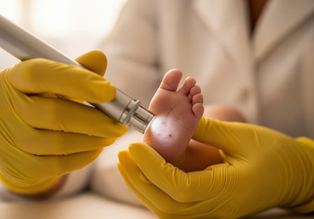 Medical professional in yellow gloves inspecting the sole of a newborn baby foot with a lighted tool. focus on pediatric examination, health, and dermatology.の素材