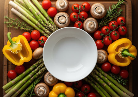 Fresh asparagus, cherry tomatoes, yellow bell peppers, and mushrooms arranged around an empty white ceramic bowl on a rustic wooden surface. healthy eating concept.の素材