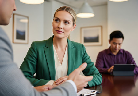 Professional woman in a green blazer listening intently to a colleague during a serious business discussion at a conference table in a modern office setting. collaboration and negotiation concept.の素材