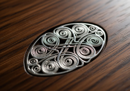 A macro view highlighting an elegant oval silver filigree inlay featuring intricate celtic knot patterns set against a background of rich, dark wood grain.の素材