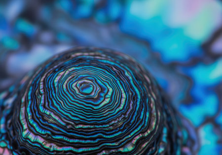 Extreme closeup of the vibrant, iridescent surface of an abalone shell, highlighting the complex, concentric, geometric layers of nacre in deep blue and teal colors.の素材