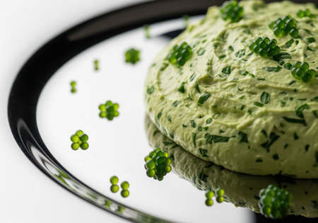 Close up view highlighting the rich, creamy texture of a pale green herb spread, elegantly garnished with bright green molecular spheres on a reflective plate.の素材