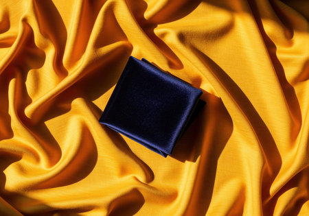 A folded square of deep navy blue silk fabric is placed centrally on a vibrant, heavily draped saffron yellow satin material. the dramatic lighting emphasizes the luxurious textures and rich color contrast, suitable for fashion or textile themes.の素材