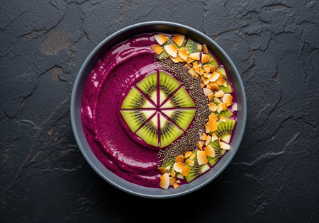 Overhead view of a vibrant purple acai smoothie bowl garnished with sliced kiwi, chia seeds, and toasted coconut flakes. perfect for healthy eating concepts.の素材