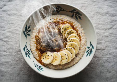 A close up overhead view of a steaming bowl of hot oatmeal porridge garnished with sliced bananas, chia seeds, and a drizzle of syrup, perfect for breakfast concepts.の素材